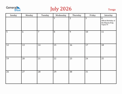 Current month calendar with Tonga holidays for July 2026