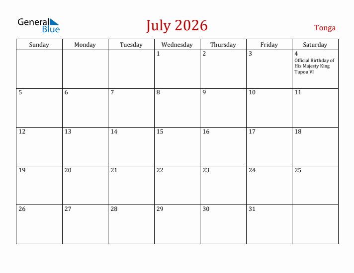 Tonga July 2026 Calendar - Sunday Start