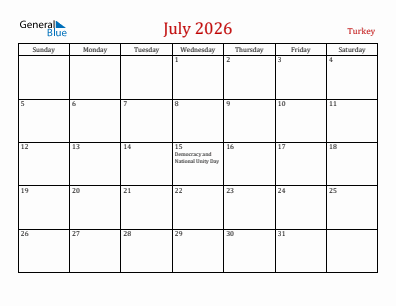 Current month calendar with Turkey holidays for July 2026