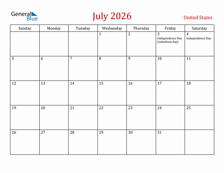 July 2026 Monthly Calendars With United States Holidays
