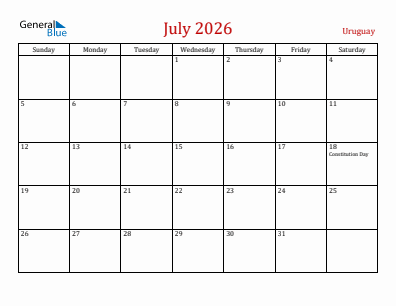 Current month calendar with Uruguay holidays for July 2026