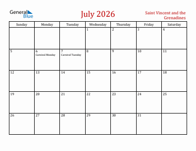 Current month calendar with Saint Vincent and the Grenadines holidays for July 2026