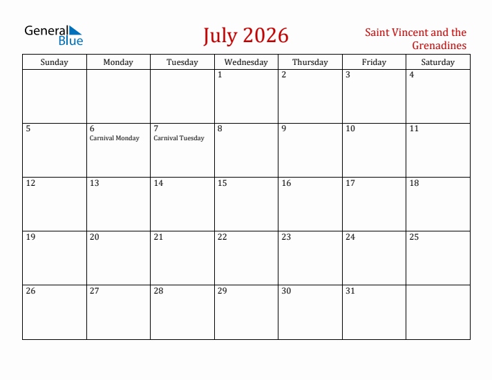 Saint Vincent and the Grenadines July 2026 Calendar - Sunday Start