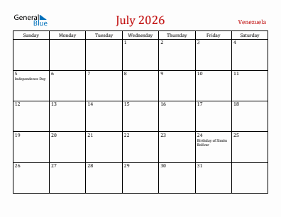 Current month calendar with Venezuela holidays for July 2026