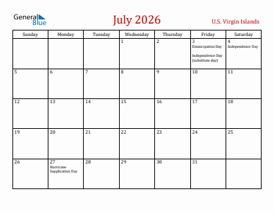 Current month calendar with U.S. Virgin Islands holidays for July 2026
