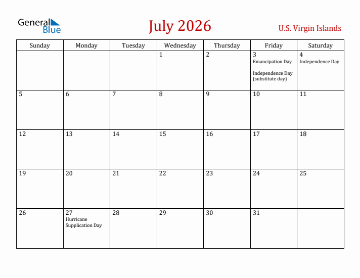 U.S. Virgin Islands July 2026 Calendar - Sunday Start