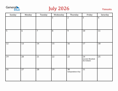 Current month calendar with Vanuatu holidays for July 2026