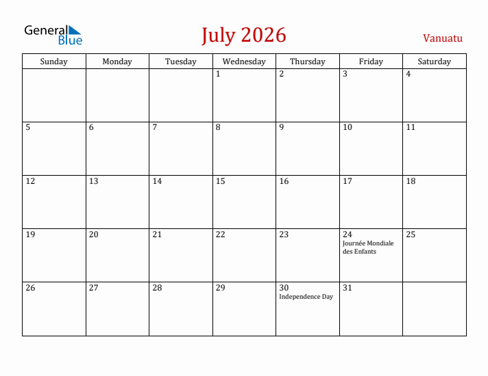 Vanuatu July 2026 Calendar - Sunday Start