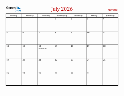 Current month calendar with Mayotte holidays for July 2026