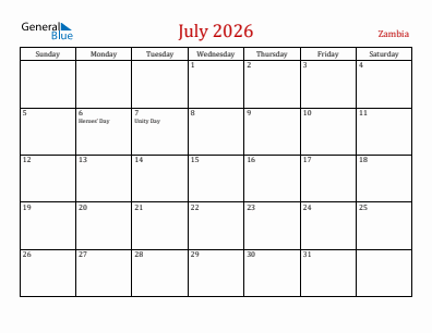 Current month calendar with Zambia holidays for July 2026