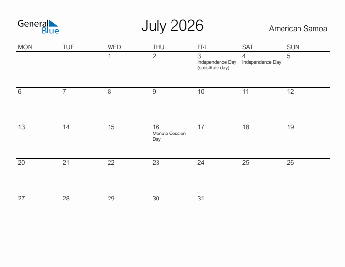 Printable July 2026 Calendar for American Samoa