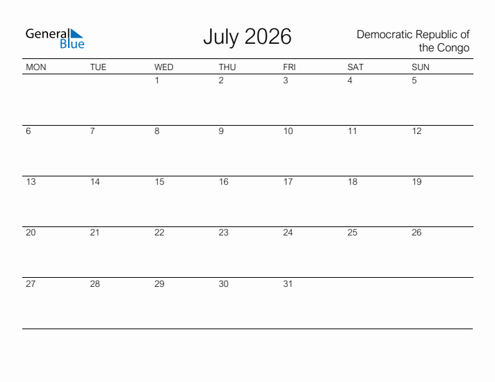 Printable July 2026 Calendar for Democratic Republic of the Congo