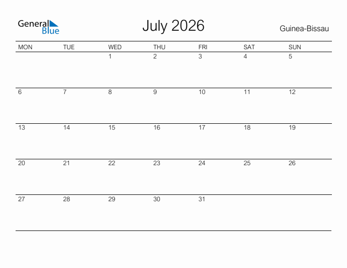 Printable July 2026 Calendar for Guinea-Bissau