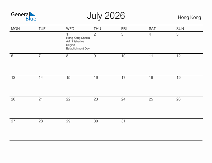 Printable July 2026 Calendar for Hong Kong