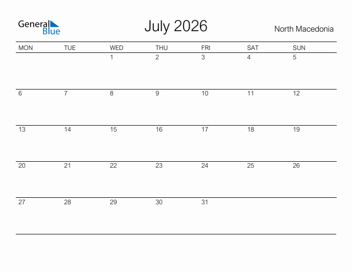 Printable July 2026 Calendar for North Macedonia