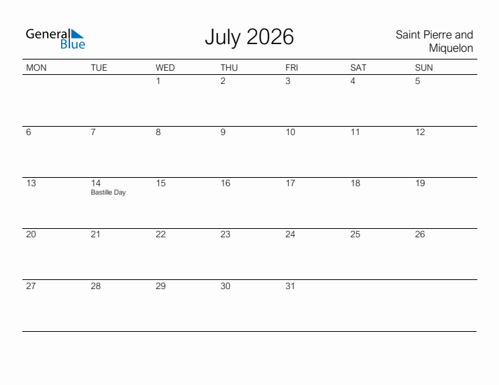 Printable July 2026 Calendar for Saint Pierre and Miquelon