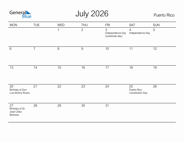 Printable July 2026 Calendar for Puerto Rico