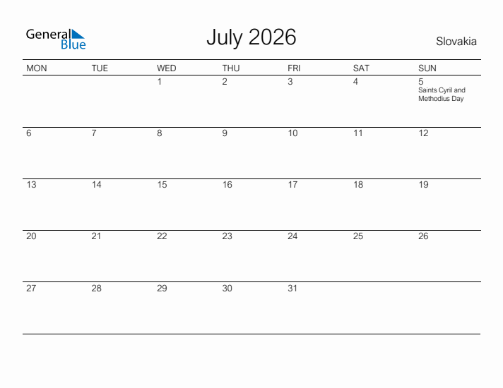Printable July 2026 Calendar for Slovakia