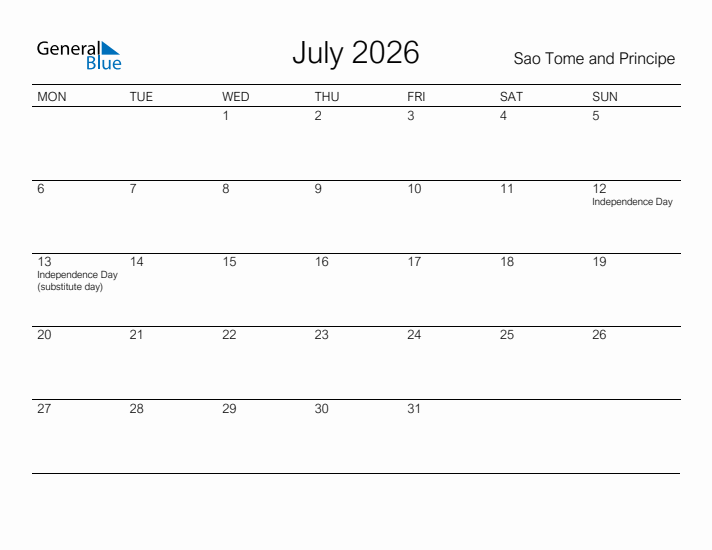 Printable July 2026 Calendar for Sao Tome and Principe
