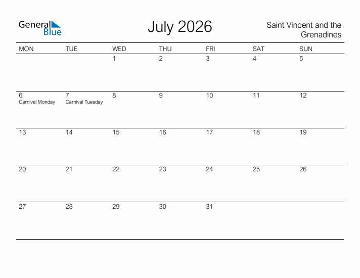 Printable July 2026 Calendar for Saint Vincent and the Grenadines