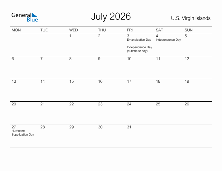 Printable July 2026 Calendar for U.S. Virgin Islands