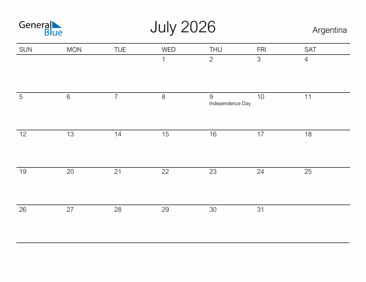 Printable July 2026 Calendar for Argentina