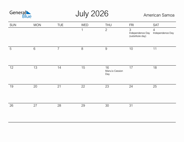 Printable July 2026 Calendar for American Samoa