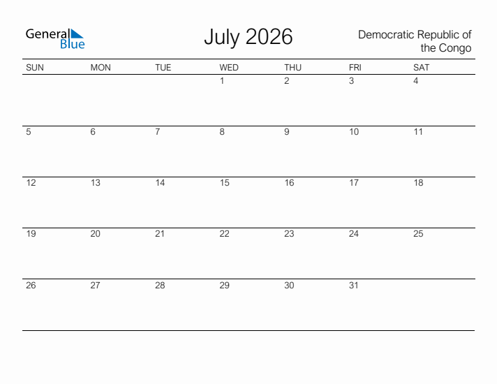 Printable July 2026 Calendar for Democratic Republic of the Congo