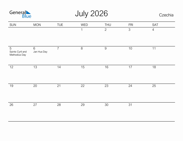 Printable July 2026 Calendar for Czechia