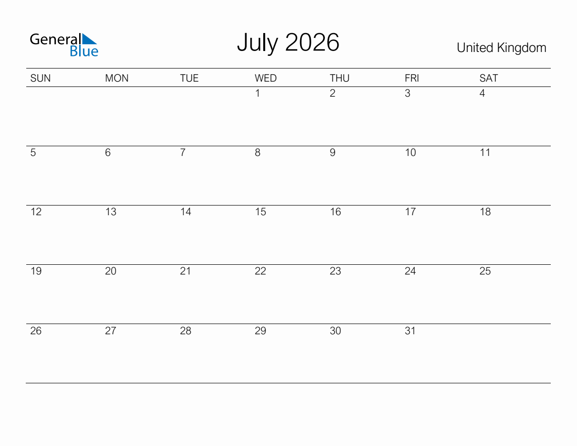 Printable July 2026 Monthly Calendar with Holidays for United Kingdom