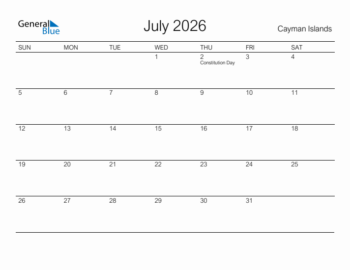 Printable July 2026 Calendar for Cayman Islands