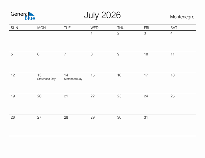 Printable July 2026 Calendar for Montenegro