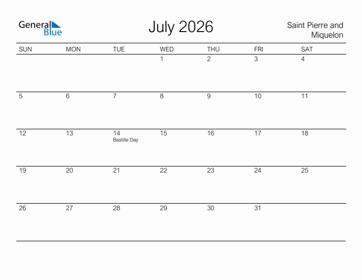 Printable July 2026 Calendar for Saint Pierre and Miquelon