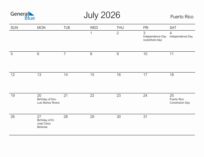 Printable July 2026 Calendar for Puerto Rico