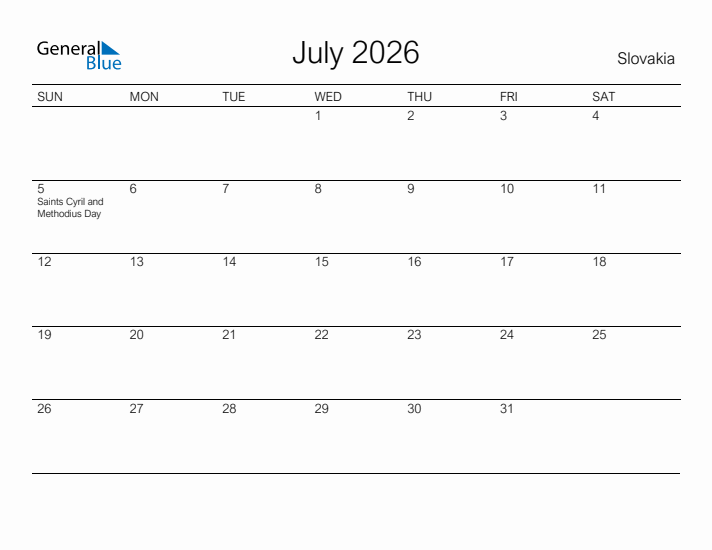 Printable July 2026 Calendar for Slovakia