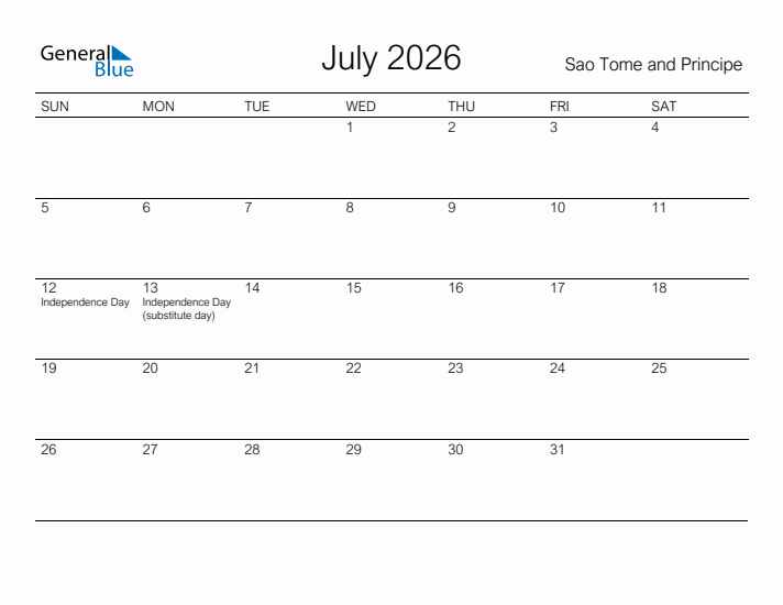 Printable July 2026 Calendar for Sao Tome and Principe