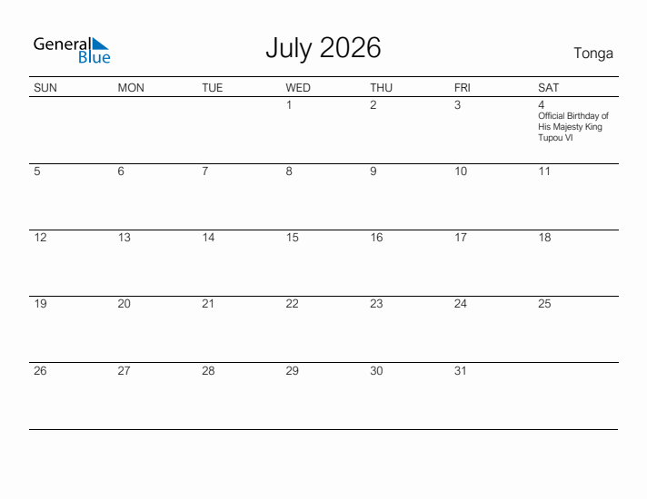 Printable July 2026 Calendar for Tonga