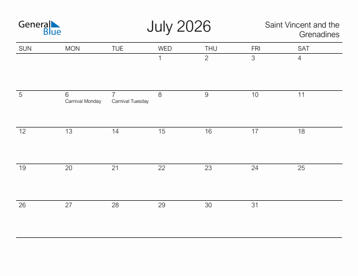 Printable July 2026 Calendar for Saint Vincent and the Grenadines