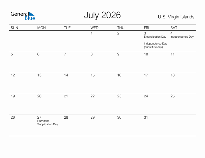 Printable July 2026 Calendar for U.S. Virgin Islands