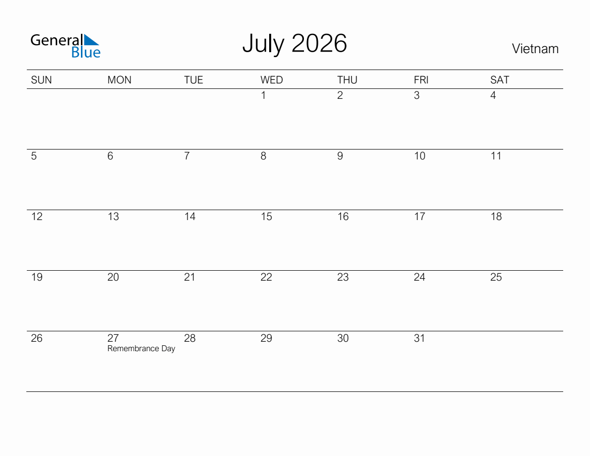 Printable July 2026 Monthly Calendar with Holidays for Vietnam