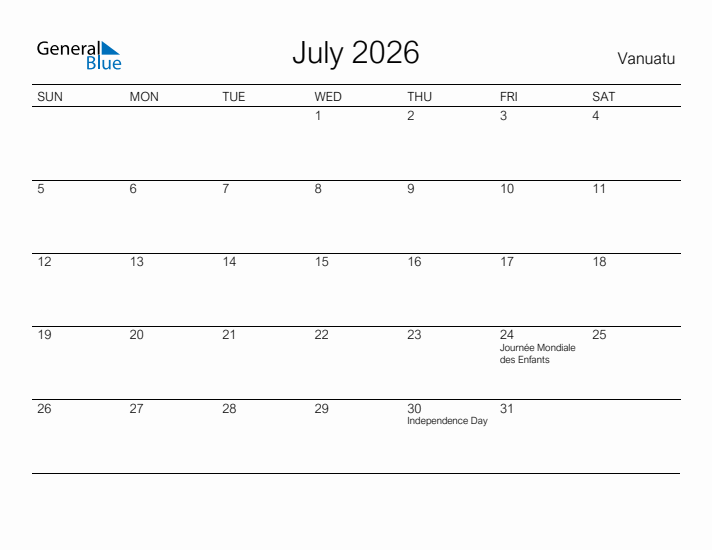 Printable July 2026 Calendar for Vanuatu
