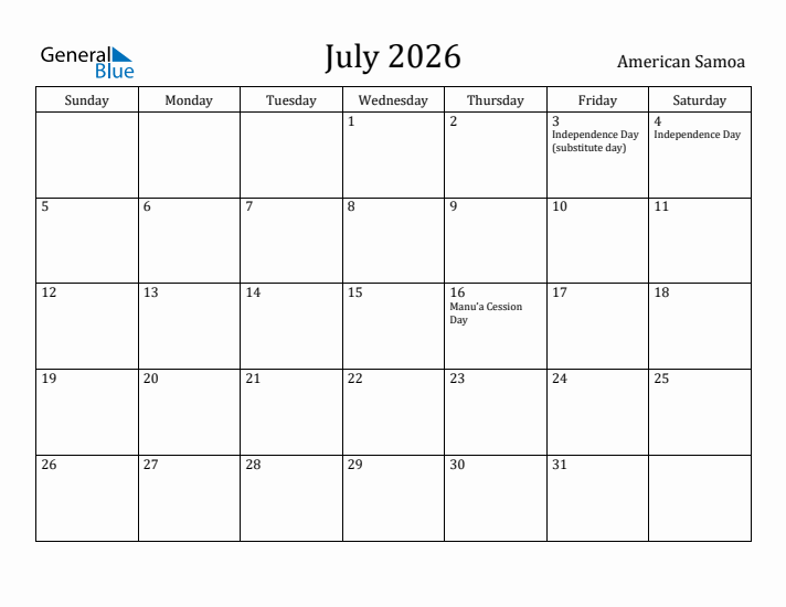 July 2026 Calendar American Samoa