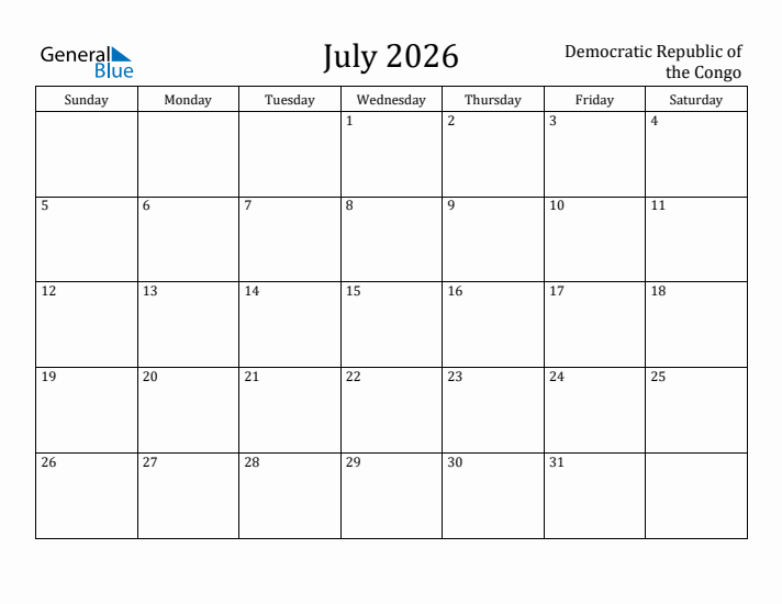July 2026 Calendar Democratic Republic of the Congo