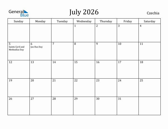 July 2026 Calendar Czechia