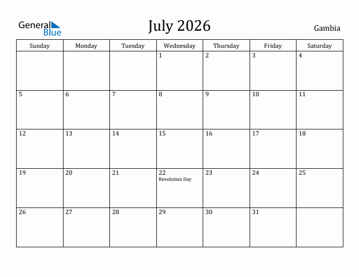 July 2026 Calendar Gambia