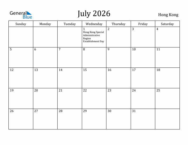 July 2026 Calendar Hong Kong