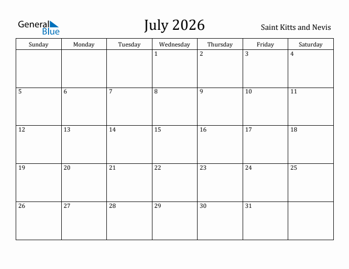July 2026 Calendar Saint Kitts and Nevis