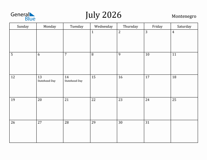 July 2026 Calendar Montenegro