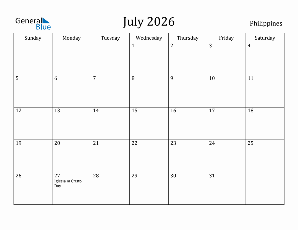 July 2026 monthly calendar with holidays in Philippines