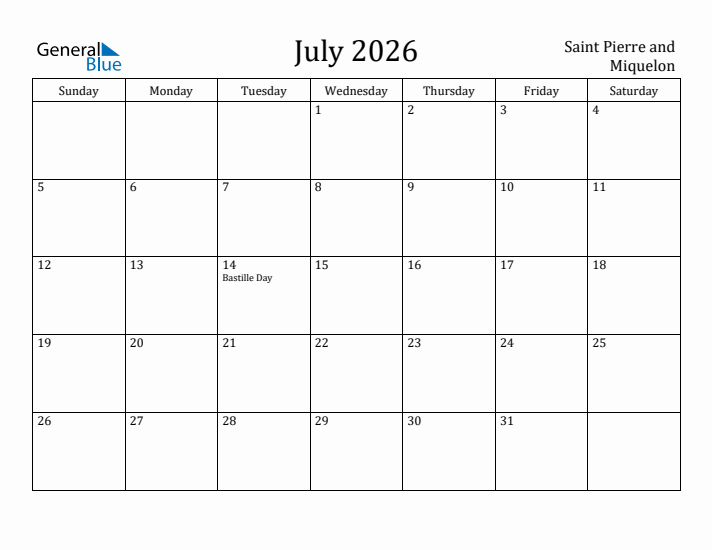 July 2026 Calendar Saint Pierre and Miquelon